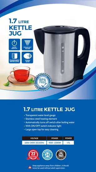 1.7L Cordless Kettle LFGB Approve for Home and Hotel