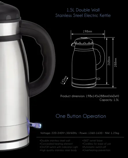 Double Stainless Steel Wall Cool Touch Keep Warm Electric Kettle