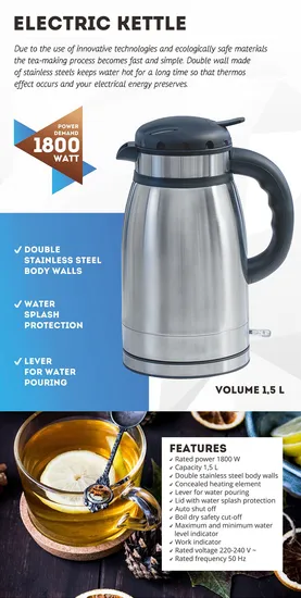 Double Stainless Steel Wall Cool Touch Keep Warm Electric Kettle