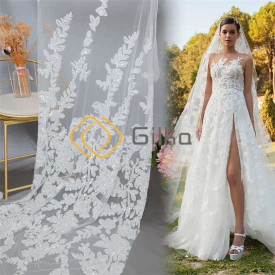 Classic Flowers Designed Crytal Beads Embroidery Lace Fabrics for Wedding Dresses