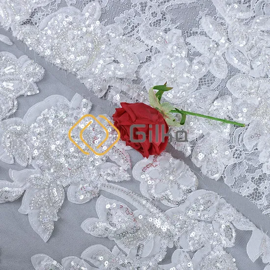 Classic Flowers Designed Crytal Beads Embroidery Lace Fabrics for Wedding Dresses