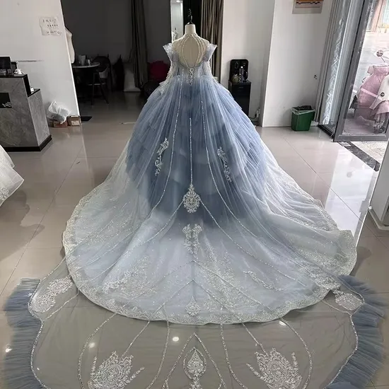 Customized Crystal High Neck Blue Ball Gown Wedding Evening Dresses for Bridal