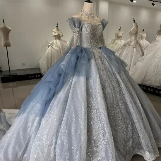 Customized Crystal High Neck Blue Ball Gown Wedding Evening Dresses for Bridal