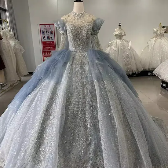 Customized Crystal High Neck Blue Ball Gown Wedding Evening Dresses for Bridal