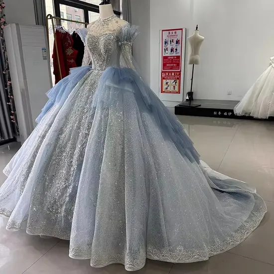 Customized Crystal High Neck Blue Ball Gown Wedding Evening Dresses for Bridal