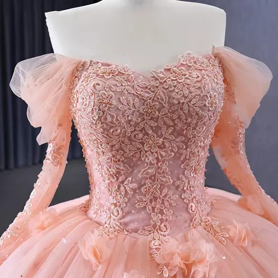 Customized Princess off Shoulder Pink Appliqued Flower Quinceanera Wedding Dresses