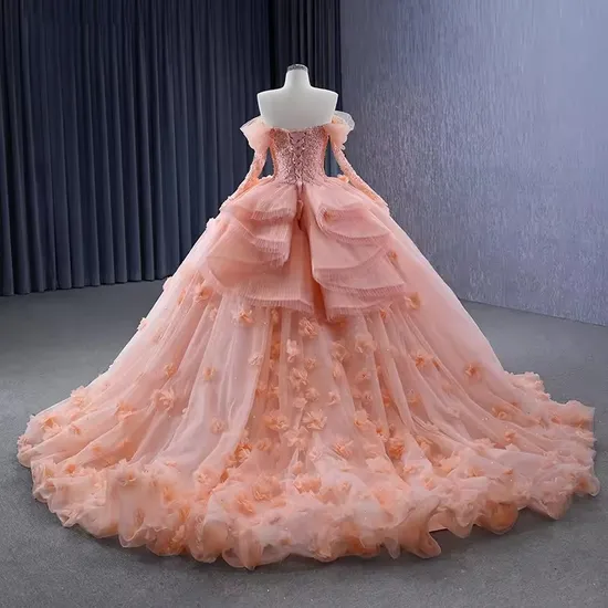 Customized Princess off Shoulder Pink Appliqued Flower Quinceanera Wedding Dresses