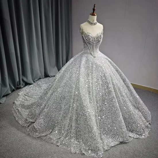 Customized Shiny High Neck Grey Ball Gown Women′s Formal Quinceanera Party Dresses