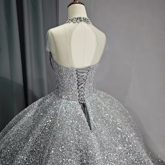 Customized Shiny High Neck Grey Ball Gown Women′s Formal Quinceanera Party Dresses