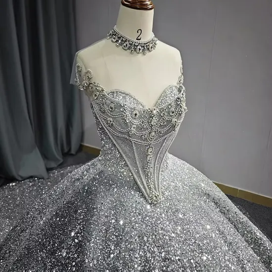 Customized Shiny High Neck Grey Ball Gown Women′s Formal Quinceanera Party Dresses