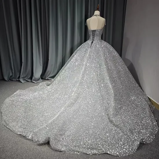 Customized Shiny High Neck Grey Ball Gown Women′s Formal Quinceanera Party Dresses