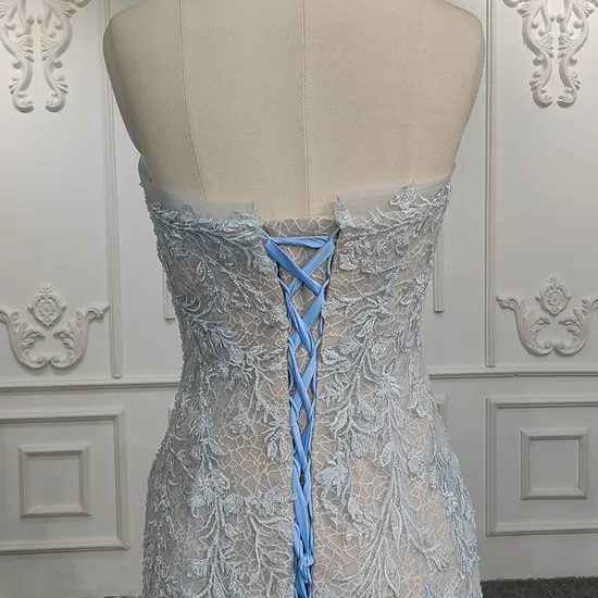 Customized Size Blue Lace up Straplss Mermaid Bridal Wedding Dress