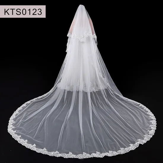 Elegant 350cm Long Wedding Veils with Edge Lace Appliques for Brides