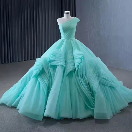 Elegant Customized Cyan One Shoulder Ruffle Ball Gown Evening Dresses for Women