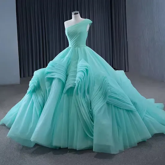 Elegant Customized Cyan One Shoulder Ruffle Ball Gown Evening Dresses for Women