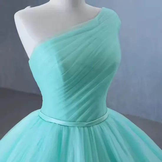 Elegant Customized Cyan One Shoulder Ruffle Ball Gown Evening Dresses for Women