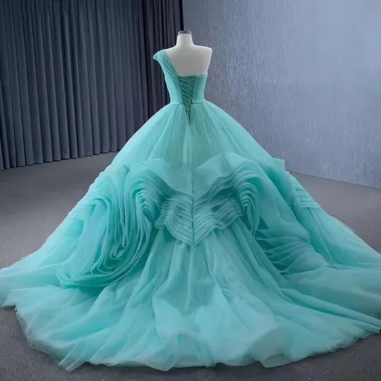 Elegant Customized Cyan One Shoulder Ruffle Ball Gown Evening Dresses for Women