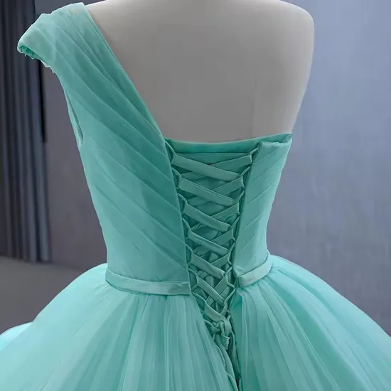 Elegant Customized Cyan One Shoulder Ruffle Ball Gown Evening Dresses for Women