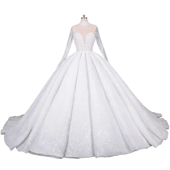 Elegant High Neck Lace Applique Beading Long Sleeves Wedding Dress for Bridal