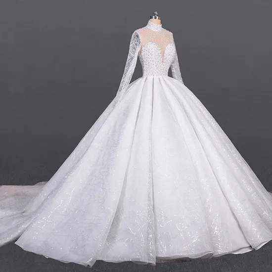 Elegant High Neck Lace Applique Beading Long Sleeves Wedding Dress for Bridal