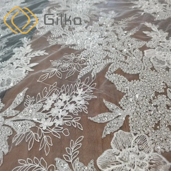 Elegant White Luxury High Quality Beads Embroidery Lace Fabrics for Bridal Dresses