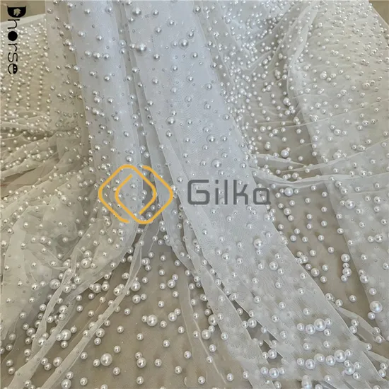 Factory Designed Luxury Beads Embroidery Lace Fabrics with Different Pearls for Wedding Dresses