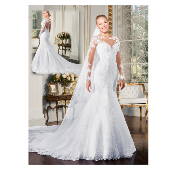 Factory Direct Bridal Lace Mermaid Wedding Dress with Long Sleeves Beading