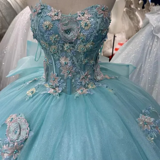 Glitter Blue Sweetheart Appliqued Flower Quinceanera Ball Gown Wedding Dresses for Bridal