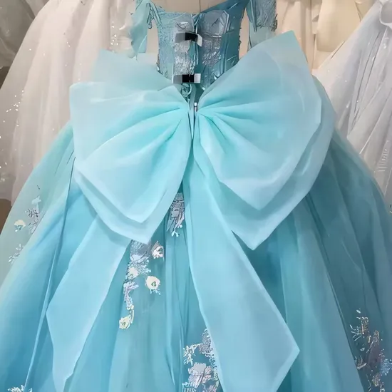 Glitter Blue Sweetheart Appliqued Flower Quinceanera Ball Gown Wedding Dresses for Bridal