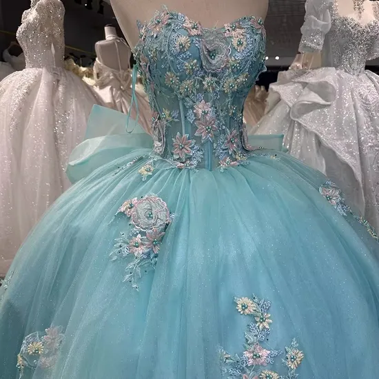 Glitter Blue Sweetheart Appliqued Flower Quinceanera Ball Gown Wedding Dresses for Bridal