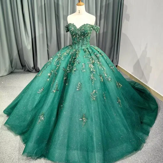 Gorgeous Emerald Green Empire off-Shoulder Ball Gown Quinceanera Wedding Party Dresses