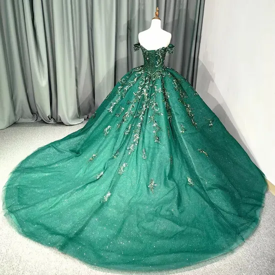 Gorgeous Emerald Green Empire off-Shoulder Ball Gown Quinceanera Wedding Party Dresses