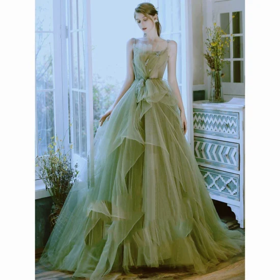 Green Color Spaghetti Strap Organza A-Line Party Dress for Wedding