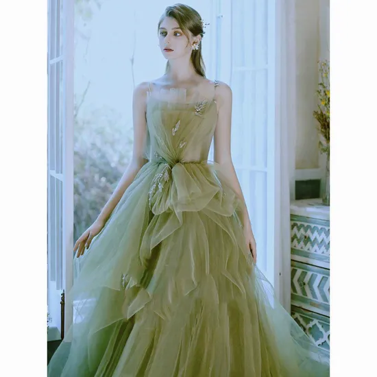 Green Color Spaghetti Strap Organza A-Line Party Dress for Wedding