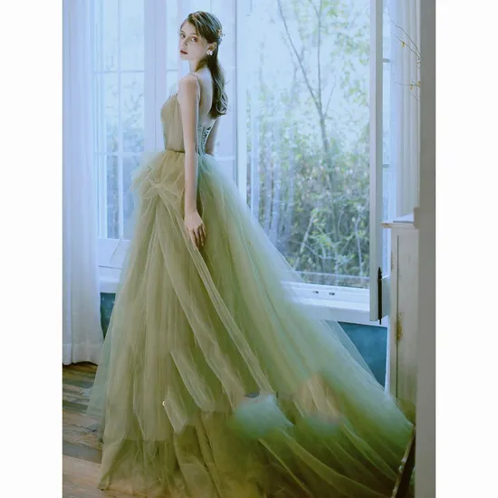 Green Color Spaghetti Strap Organza A-Line Party Dress for Wedding