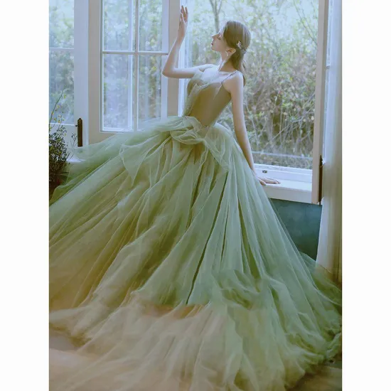 Green Color Spaghetti Strap Organza A-Line Party Dress for Wedding