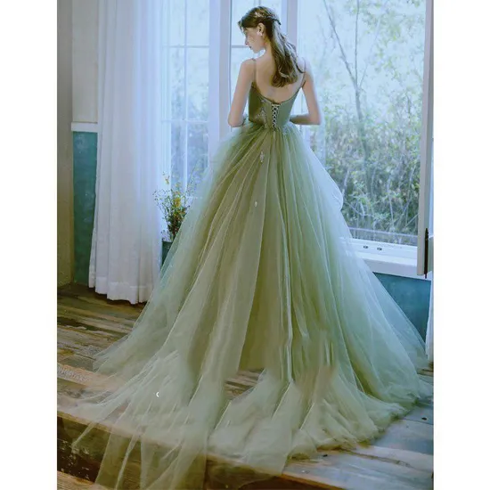 Green Color Spaghetti Strap Organza A-Line Party Dress for Wedding