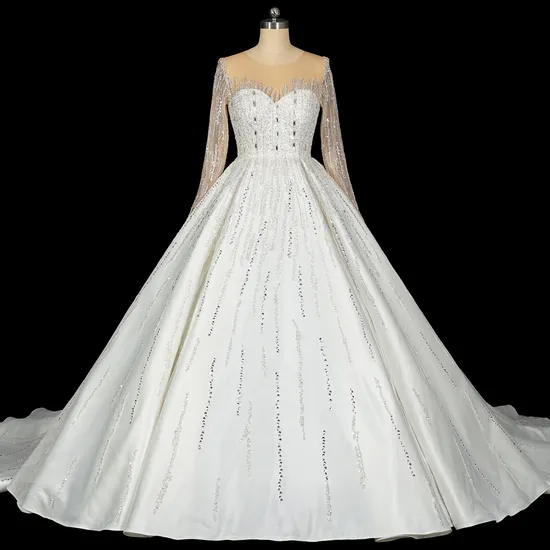 Hollow Back Long Sleeves Handmade Beading Wedding Dress with Train