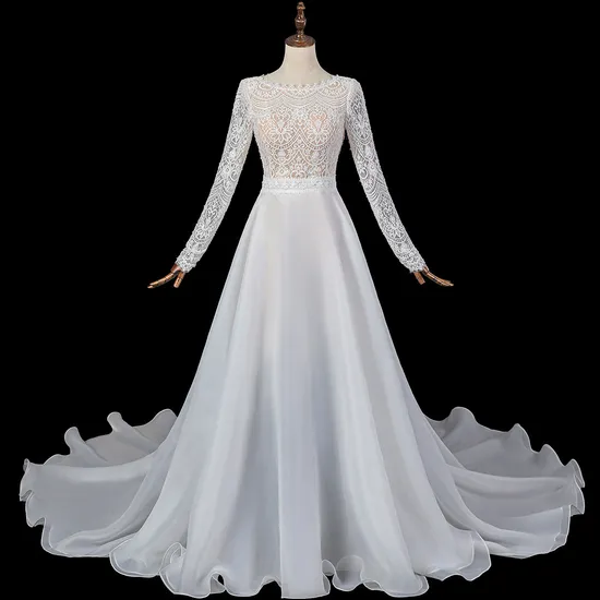 Ivory Lace Sleeves A-Line Organza Wedding Dress for Bridal