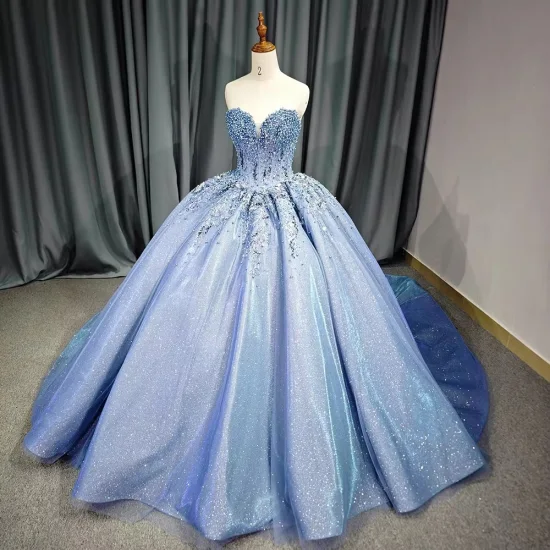 New Arrival Shiny Blue Sweetheart Pearls Quinceanera Party Wedding Dresses for Girls