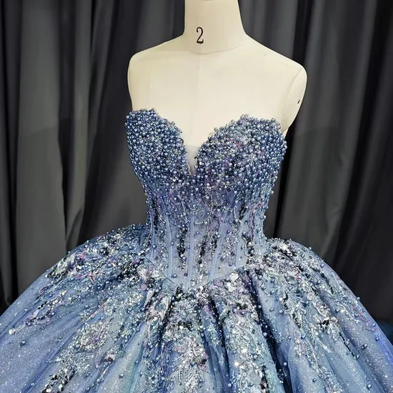 New Arrival Shiny Blue Sweetheart Pearls Quinceanera Party Wedding Dresses for Girls