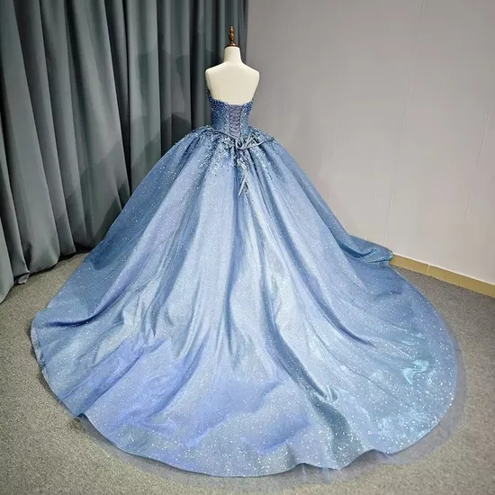 New Arrival Shiny Blue Sweetheart Pearls Quinceanera Party Wedding Dresses for Girls