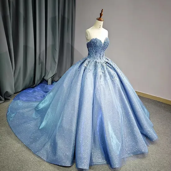 New Arrival Shiny Blue Sweetheart Pearls Quinceanera Party Wedding Dresses for Girls