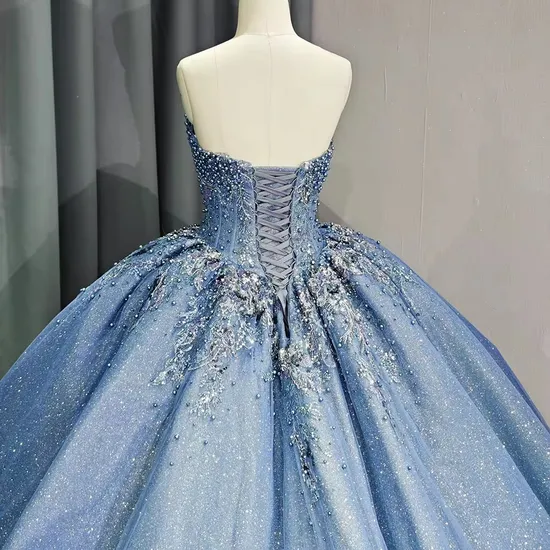 New Arrival Shiny Blue Sweetheart Pearls Quinceanera Party Wedding Dresses for Girls