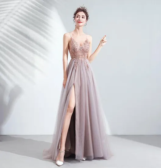 Sexy Lavender Spaghetti Strap V Neck Women Evening Party Dress for Wedding