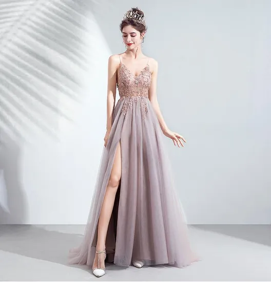 Sexy Lavender Spaghetti Strap V Neck Women Evening Party Dress for Wedding