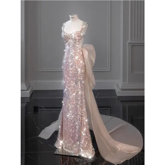 Sexy Pink Mermaid Blingbling Women Bridal Party Dress for Wedding with Bow