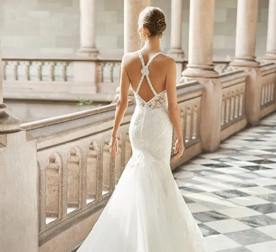 Sexy Spaghetti Strap Open X Shape Back Mermaid Lace Wedding Dress