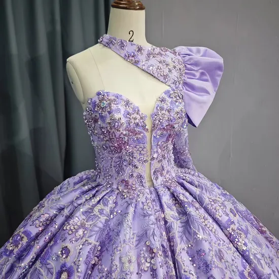 Unique Purple One Shoulder Lace Beading Ball Gown Evening Party Women′s Dresses