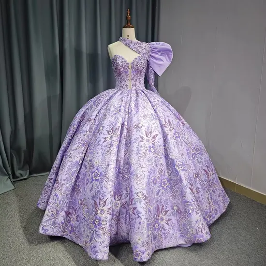 Unique Purple One Shoulder Lace Beading Ball Gown Evening Party Women′s Dresses